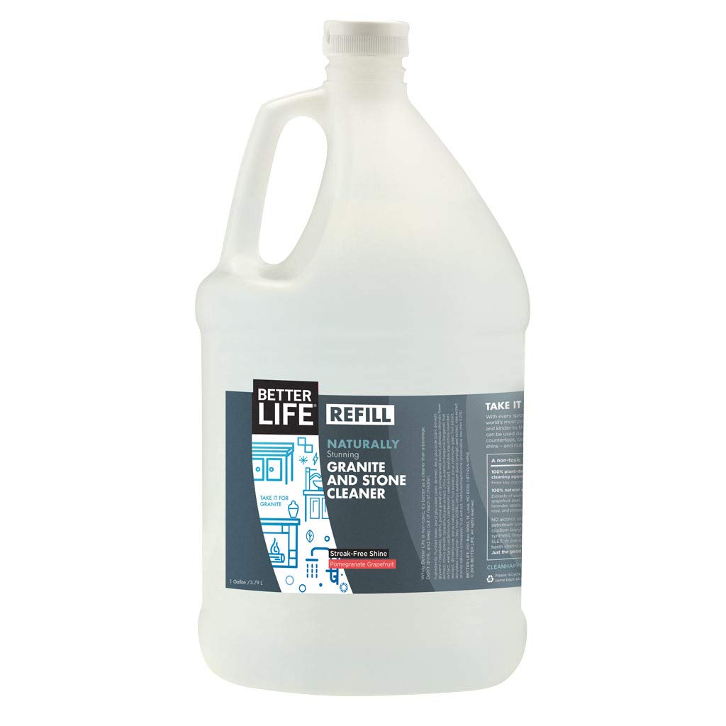 BETTER LIFE Granite Cleaner and Polish - Stone Countertop Cleaner for Marble, Quartz, Slate, Concrete Surfaces or Floors - Streak-Free Granite Stain Remover - 1 Gal Refill, Pomegranate & Grapefruit