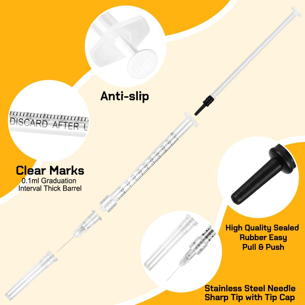 100 Pack Luer Lock Syringe 1ml with 27Ga 1/2 Inch Needle - Disposable Syringes 1ml with Sharp Needles - Individually Sealed, Sanitized 1ml Syringes with Needle Set for Refilling Liquid, DIY