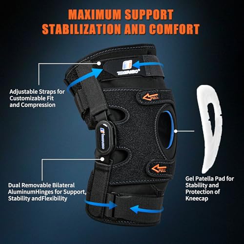 Knee Brace with Side Stabilizers & Patella Gel Support, Knee Brace for Men/Women with Removable Dual Metal Hinges, Adjustable Knee Braces for Knee Pain Relief, Arthritis, Meniscus Tear, ACL, PCL, MCL