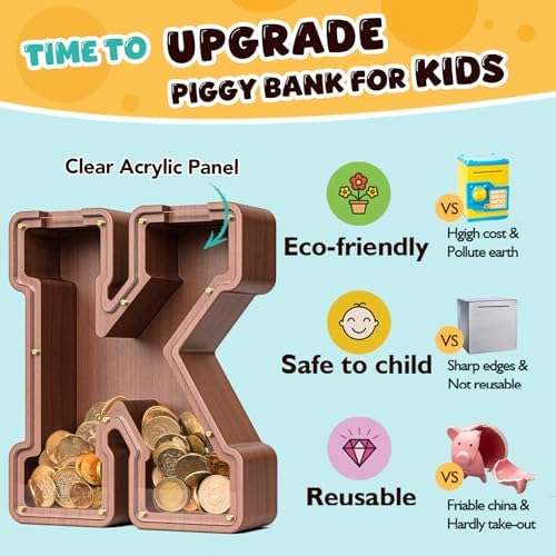 Summidate Wooden Letter Piggy Bank, Extra Thick Large Capacity Piggy Bank for Kids Boys Girls Toddler, Alphabet K Money Bank| Coin Box Birthday, Christmas, Festival