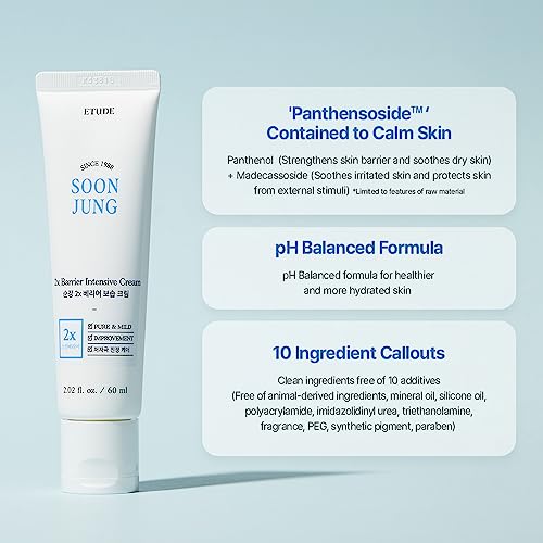 ETUDE SoonJung 2x Barrier Intensive Cream 60ml (21AD) | Hypoallergenic Shea Butter Hydrating Facial Cream for Sensitive Skin, Water-oil Balance & Panthenol for Damaged Skin | Korean Skin Care