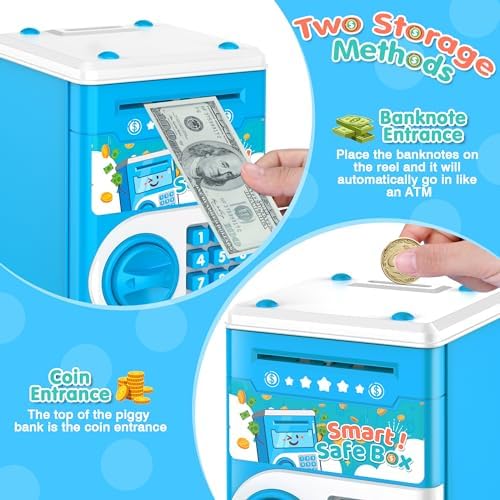 Blue Piggy Bank for Kids, Electronic Coin Money Bank, Children's Safe Money Jar Toy Age 4 7 8 9 10 11 with Password Code Lock and Auto Grab Bill Slot, Great B-Day Xmas Toy Gifts for Kids