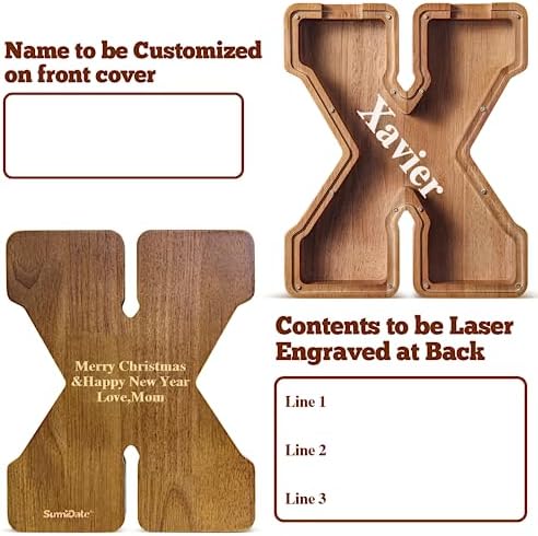 Summidate Customized Name Extra Large Wooden Piggy Bank for Kids Boys Girls Alphabets Letter A-Z Coins Bills Money Change Saving Box Clear Cover (Laser Engraved) Educational Toys 12"- Letter X