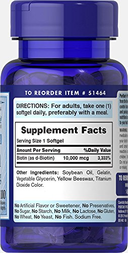Puritan's Pride Biotin 10000 Mcg, Helps Promote Skin, Hair and Nail Health, Softgels 100 Count (Pack of 2)