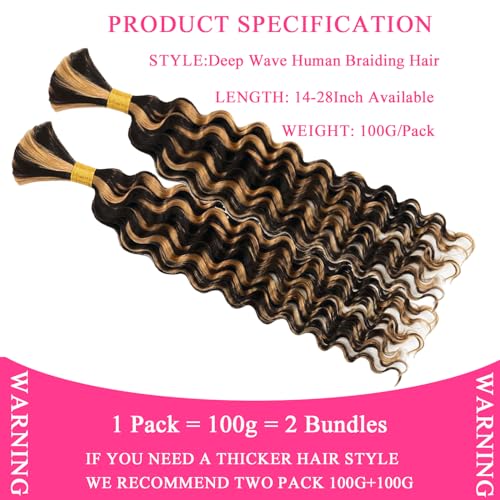Human Braiding Hair 2 Bundles 28Inch Deep Wave Bulk for Braiding No Weft Curly Boho Braids 12A Brazilian Virgin Hair Extensions 1B/27 100g