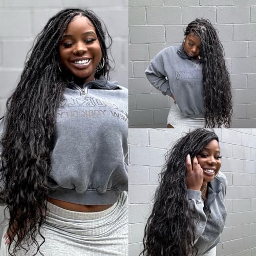 Pre-looped Crochet Boho Faux Locs with Human Hair body wave Ends Boho Hair Braids Goddess Dreadlocks Hair for Black Women Natural Color 18 Inch (Pack of 3)