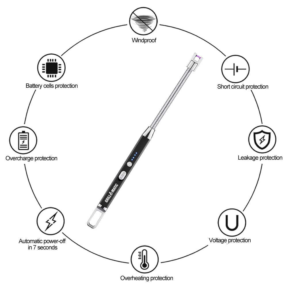 GRILLMATIC Windproof, Rechargeable, Flexible Neck, Lithium Ion, Electronic, Butane Free, Flameless, USB Grill Lighter