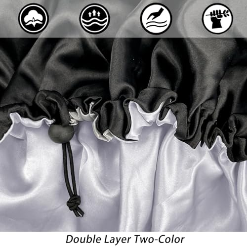 Satin Silk Bonnet for Curly Hair Bonnet Braid Bonnet for Sleeping Bonnets for Women Large Double-Layer Adjustable(2Pcs Black)