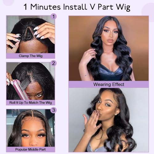 Wavy V Part Wig Wear And Go Glueless U Part Wig Body Wave Natural Black Synthtic Hair Soft As Human Hair Half Wigs For Black Women (Off Black, 26 Inch)