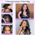Wavy V Part Wig Wear And Go Glueless U Part Wig Body Wave Natural Black Synthtic Hair Soft As Human Hair Half Wigs For Black Women (Off Black, 26 Inch)
