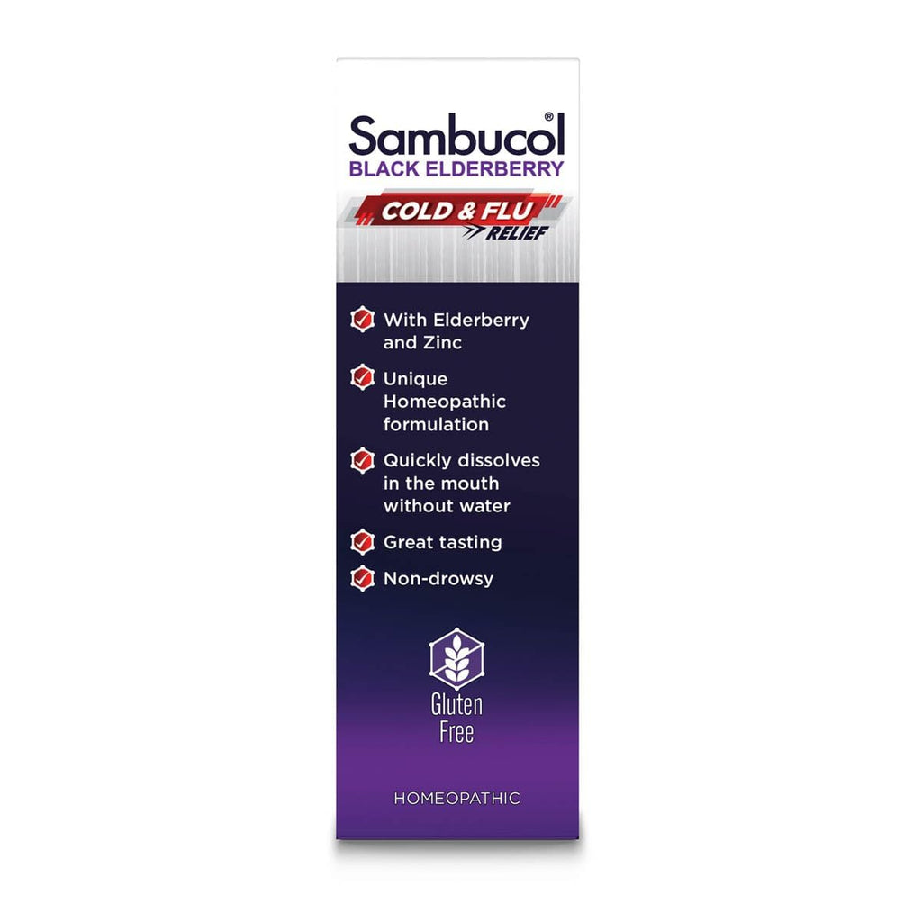 Sambucol Cold and Flu Relief Tablets - Homeopathic Black Elderberry Cold Medicine, Drowsy Free Remedy for Adults with Zinc, Quick-Dissolving Tablets for Men and Women - 60 Count