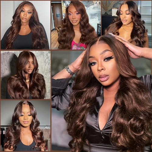 24 Inch Chocolate Brown Lace Front Wig 13x4 Body Wave Lace Front Wigs Human Hair Pre Plucked with Baby Hair Brown Wig Human Hair 200 Density HD Lace Frontal Wigs Human Hair