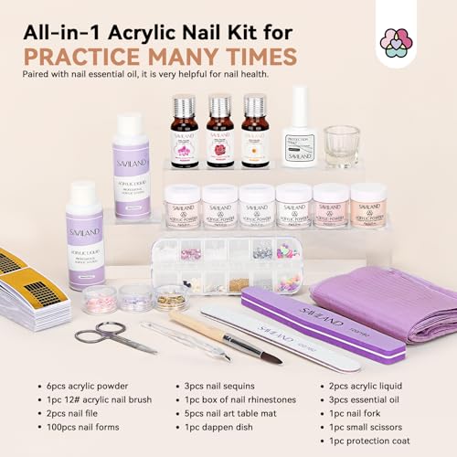 SAVILAND Acrylic Nail Kit with Essential Oils: 6 Colors Acrylic Powder and Acrylic Liquid with Practice Mat Acrylic Nail Set for beginners with Everything for Starter DIY Home Nails Art