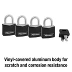 Master Lock Black Outdoor Key Lock, Standard Weather Resistant Padlock with Cover, Keyed Alike Padlocks for Lockers, Fences, Sheds, or Other Equipment, 4 Pack, 131Q