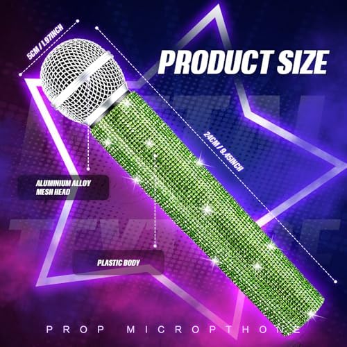 Sanwuta Fake Microphone Prop Sparkly Bling Rhinestones Plastic Play Microphone Pretend Glitter Bedazzled Mic for Cosplay Party Costume(Light Green)