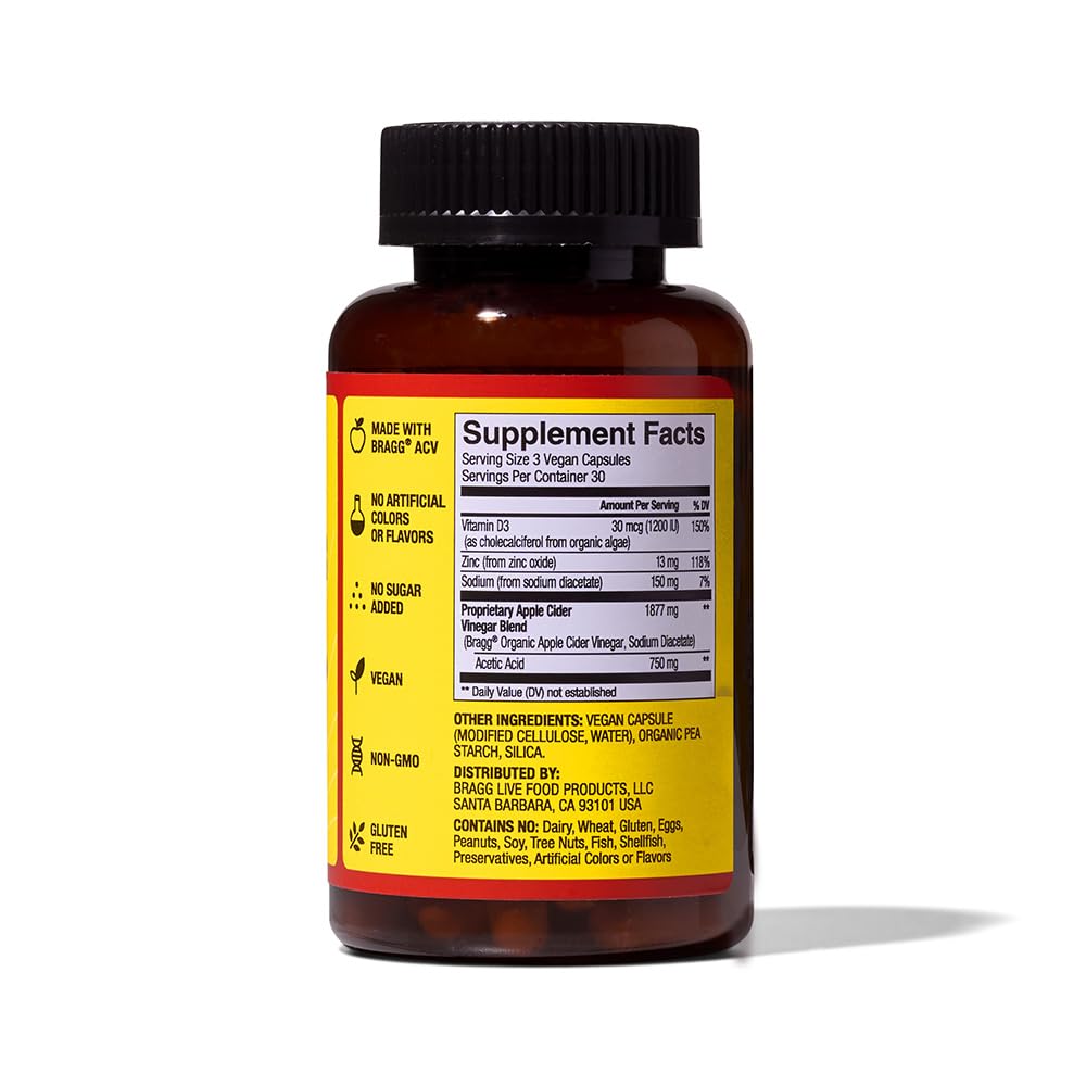 Baragg Mathilda Bragg Organic Apple Cider Vinegar Capsules with Vitamin D and Zinc - 90 ...