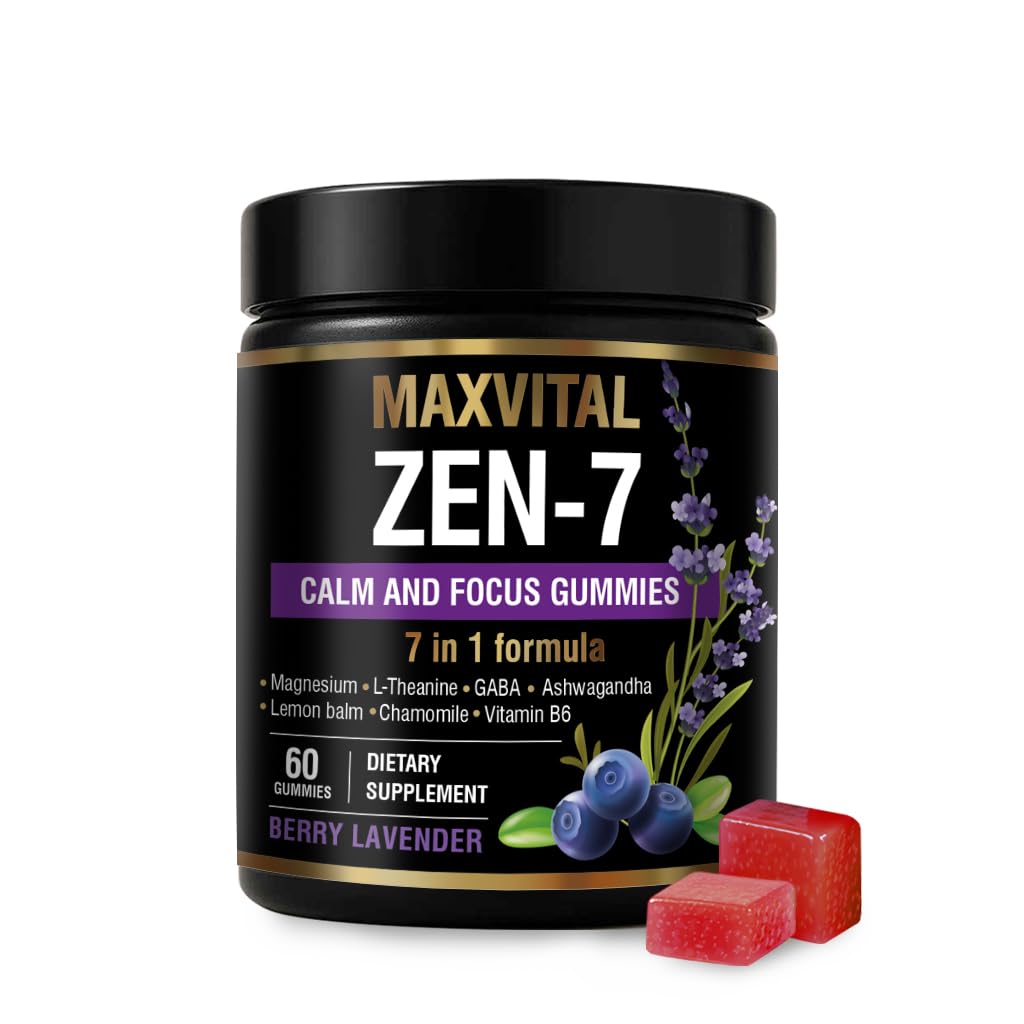 MAXVITAL Zen-7 Calm & Focus Gummies for Adults - Sugar Free Daily Calm & Mental Clarity Support - L-Theanine, GABA, Ashwagandha, Magnesium, Lemon Balm & B6 - Berry Lavender - 60 Vegan Gummies