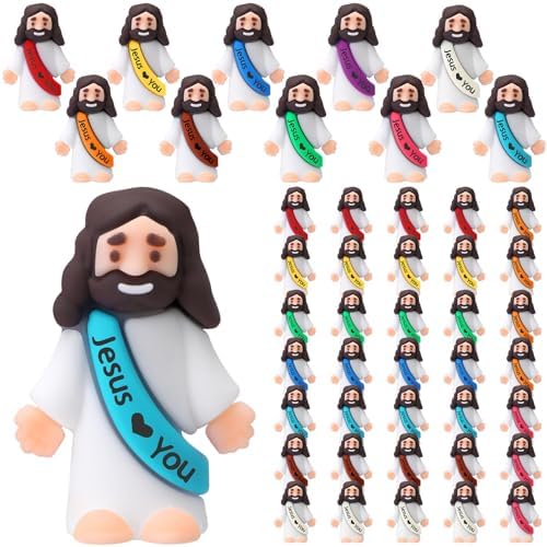 Bememo 50 Pcs Mini Jesus Figures Jesus Loves You Christ Toys Little Christ Figures to Hide and Seek Sunday School Religious Party Favors Gift(Multicolor)