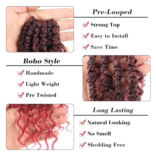 Leeven Passion Twist Crochet Hair 14 Inch Boho Style 8 Packs Ombre Burgundy Pre Twisted Goddess Twist Pre Looped Red Bomb Twists Curly Ends Synthetic Braids for Women Girl #TBUG