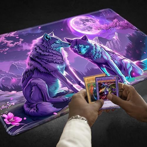 Playmats for Magic: The Gathering MTG Card Game Mat Plus 50 Pcs Card Sleeves, 24 x 14 inch TCG Mat with Stitched Edge for Commander Deck Duskmourn Board Game, Purple Moon Wolf
