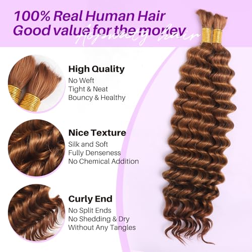 Human Braiding Hair for Boho Braids, Deep Wave Bulk Boho Braids Human Hair for Boho Knotless Braids Curly Bohemian Water Wave Braiding 70g 20 Inch Auburn Ginger (2 No Weft Bundles/Pack)