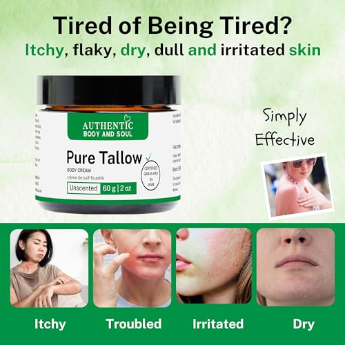 Certified Grassfed Beef Tallow Skin Cream - Whipped Tallow Balm Moisturizer for Sensitive Skin and Baby. (Pure Unscented 4 oz), by Authentic Body And Soul