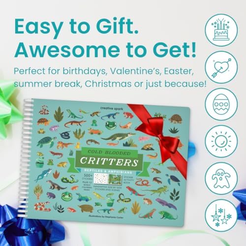 Cupkin Reptiles Sticker Book Activity for Kids, Toddler Airplane Travel Essentials, 500+ Frog Stickers for Kids + 12 Scenes + 12 Coloring Book Pages, Turtle Lover Gift, Crafts Ages 2-8