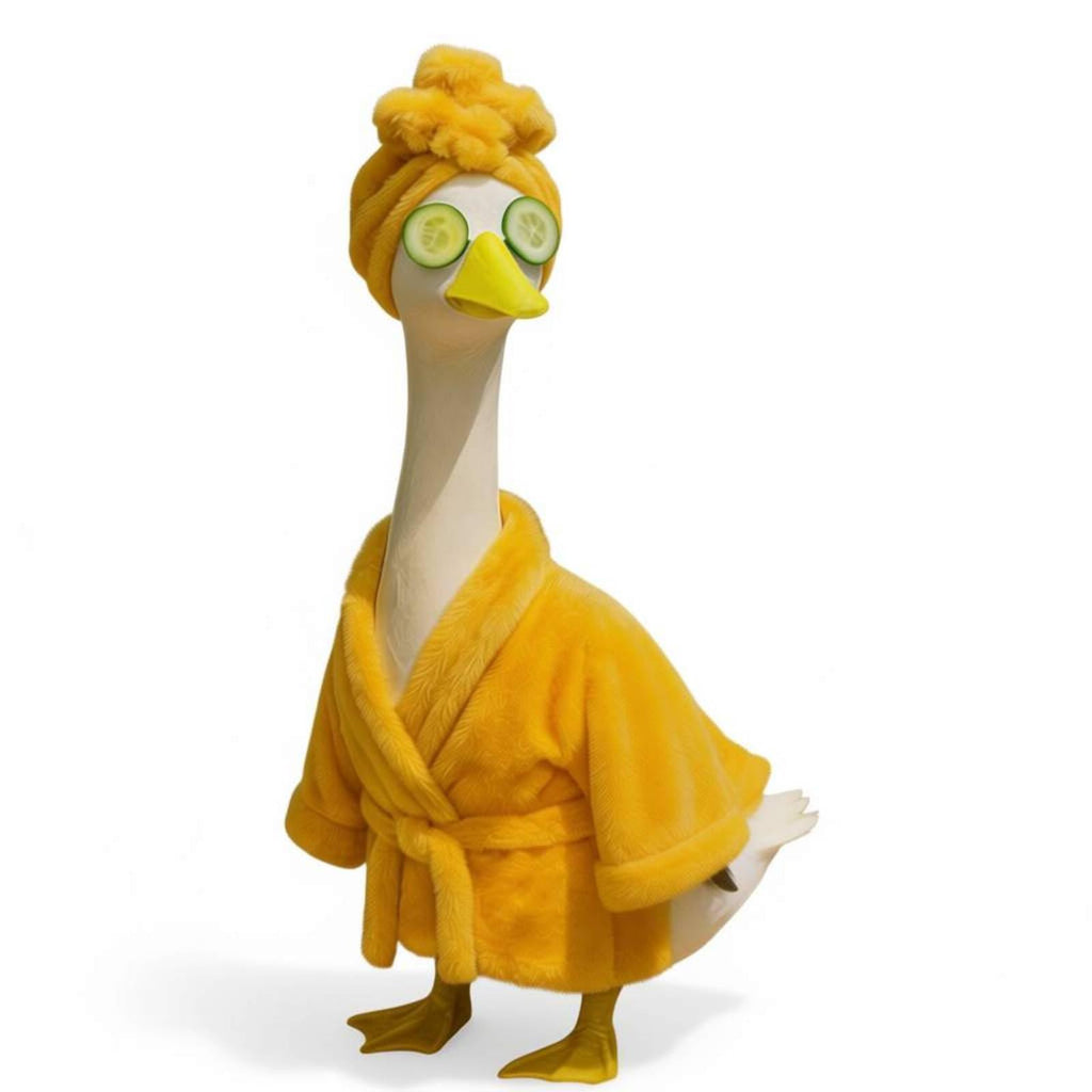 Yooxuned Spa Day Porch Goose Outfits for 23" Statue, Fits 17/23/29" Cement Plastic Geese, 3-Pc Plush Bathrobe, Spa Head Wrap & Cucumber Eye Set, Funny Patio Poolside Garden Decor Gift for Goose Lovers