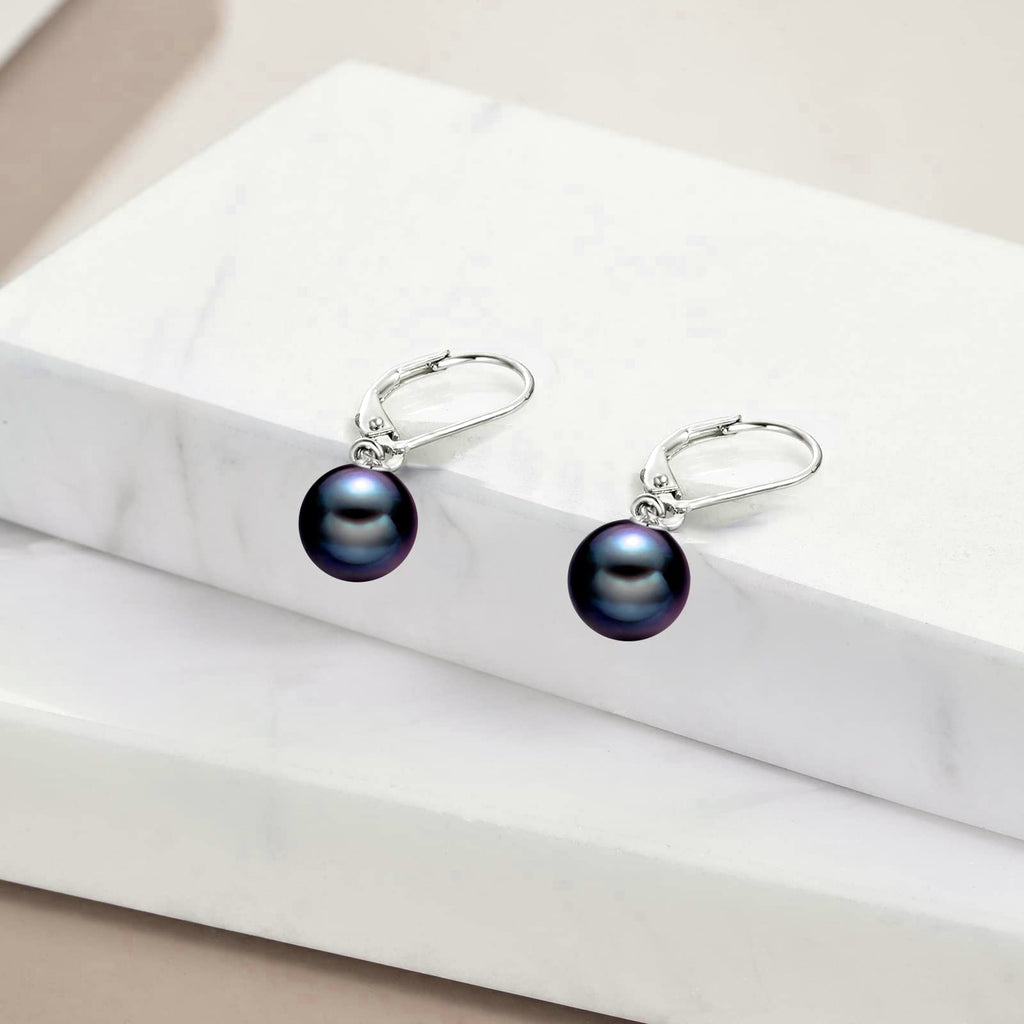 925 Sterling Silver Black Pearl Leverback Earrings Dangle Drop Jewelry for Women (Black Pearl)