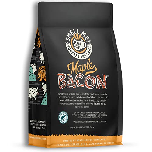 Bones Coffee Company Maple Bacon Flavored Coffee Beans, Medium Roast Ground Coffee Low Acid, Maple Bacon Flavor (12 oz)