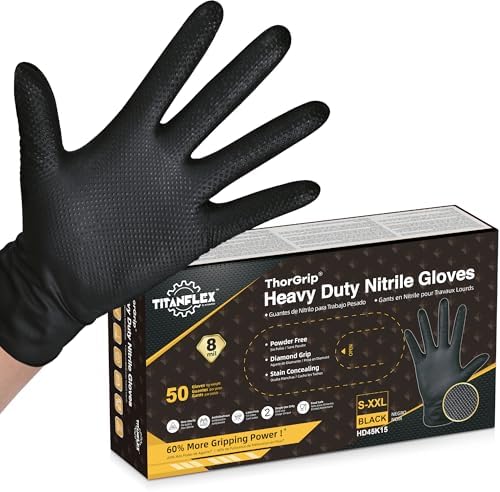 TitanFlex Thor Grip Heavy Duty Black Industrial Nitrile Gloves with Raised Diamond Texture, 8-mil, Latex Free