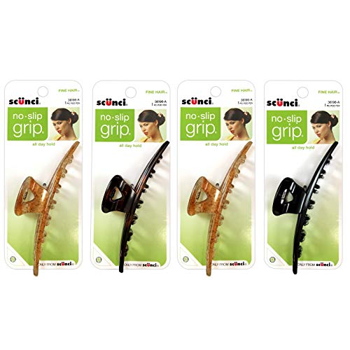 Scunci 4-Pack No-Slip Grip Fine Hair Jaw Clips, Assorted Colors (Black, Brown)