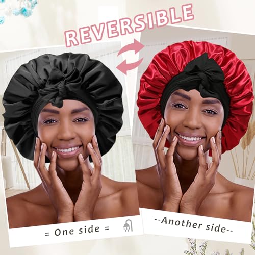 Reversible Satin Bonnet for Women with 3PCS Hair Scrunchies Tie Band Hair Bonnet for Sleeping Large 2 Layered Silk Sleeping Cap Nightcap for Sleeping (Reversible (Black/Red))