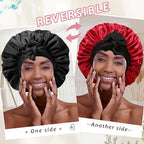 Reversible Satin Bonnet for Women with 3PCS Hair Scrunchies Tie Band Hair Bonnet for Sleeping Large 2 Layered Silk Sleeping Cap Nightcap for Sleeping (Reversible (Black/Red))
