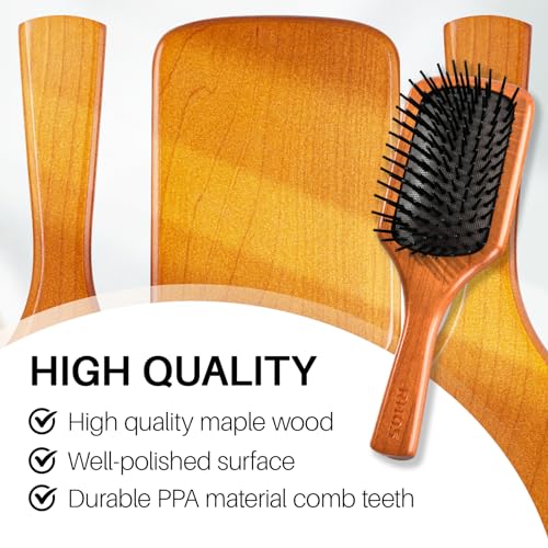 RHOS Wooden Paddle Brush With Nylon Bristles - Cushion Square Design for Detangling and Massaging All Hair Types (Men & Women)