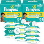 Pampers Swaddlers Disposable Baby Diapers Size 3, 2 Month Supply (2 x 168 Count) with Sensitive Water Based Baby Wipes 12X Multi Pack Pop-Top and Refill (1008 Count)