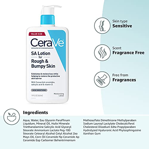 CeraVe SA Lotion for Rough & Bumpy Skin, Vitamin D, Hyaluronic Acid, Lactic Acid, Niacinamide & Salicylic Acid, Gentle Exfoliating Rough And Bumpy Skin Lotion, 19 Ounce