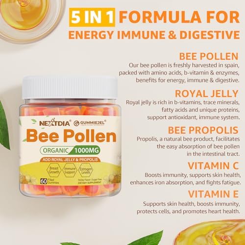 Bee Pollen Organic 1000mg, w/Propolis, Royal Jelly, Sugar Free Bee Pollen Gummies Rich in B-Vitamin, Antioxidants, Amino Acids, Bee Pollen Supplement for Energy, Skin & Immune (1 Pack)