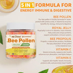 Bee Pollen Organic 1000mg, w/Propolis, Royal Jelly, Sugar Free Bee Pollen Gummies Rich in B-Vitamin, Antioxidants, Amino Acids, Bee Pollen Supplement for Energy, Skin & Immune (1 Pack)