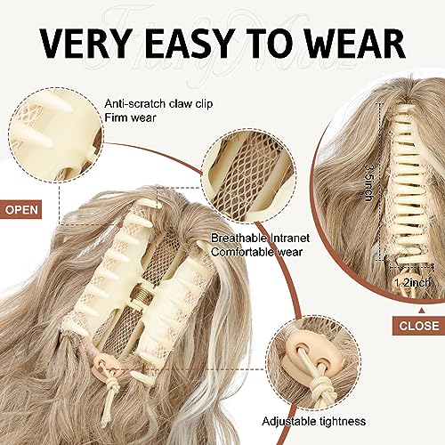 Flufymooz Ponytail Extension, 18 Inch Claw Clip Ponytail Extension, Wavy Curly Claw Clip in Ponytail Hair Extensions, Fake Ponytail Synthetic Hairpiece for Women (Honey Blonde with Blonde Highlights)