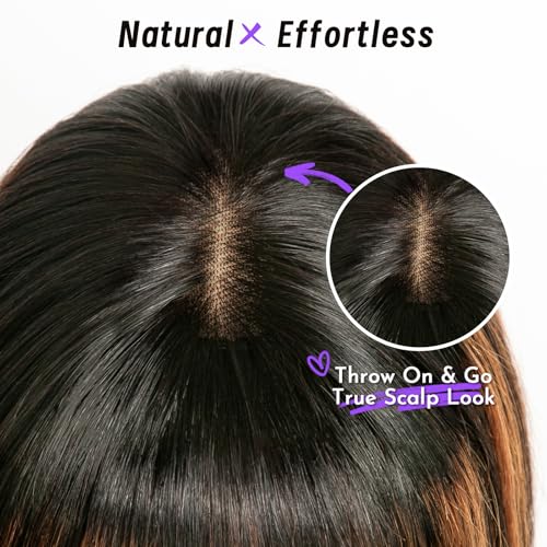 Bang Wigs Human Hair Glueless Straight Layered Bob Hairstyle 4x2 Transparent Lace Ombre Brown Highlights for Women 18 Inch