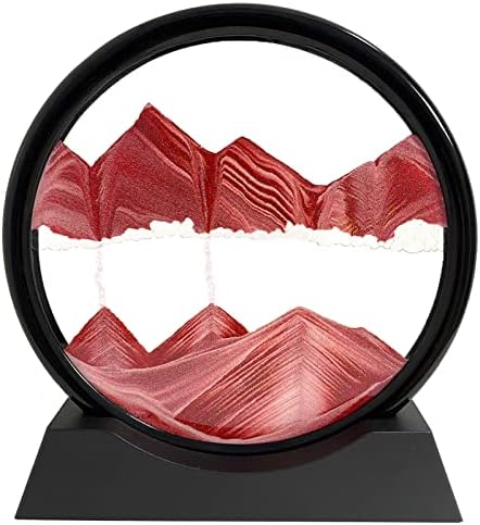 Moving Sand Art Liquid Motion - Moving Sand Art Picture Decor 3D Deep Sea Sandscape, Round Glass Frame Display Flowing Sand Relaxing Toy for Desktop Home Office Work Decoration(Red, 12")