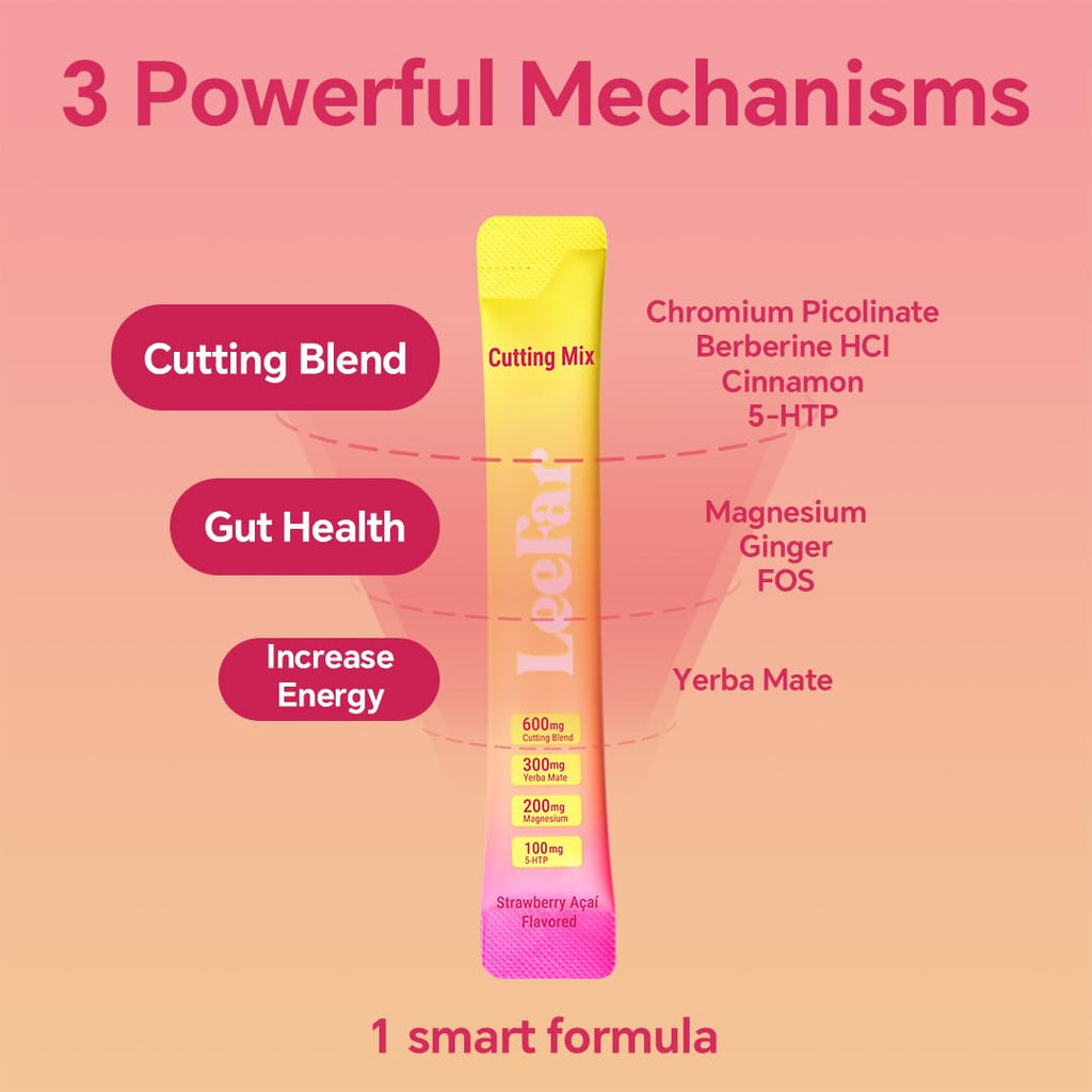 Leefar Cutting Drink Mix - Berberine, 5-HTP & Yerba Mate for Satiety Signaling, Metabolism & Gut Health - Strawberry Açaí Flavored, 30 Count