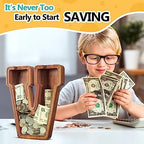 Summidate Customized Name Extra Large Wooden Piggy Bank for Kids Boys Girls Alphabets Letter A-Z Coins Bills Money Change Saving Box Clear Cover (Laser Engraved) Educational Toys 12"- Letter V