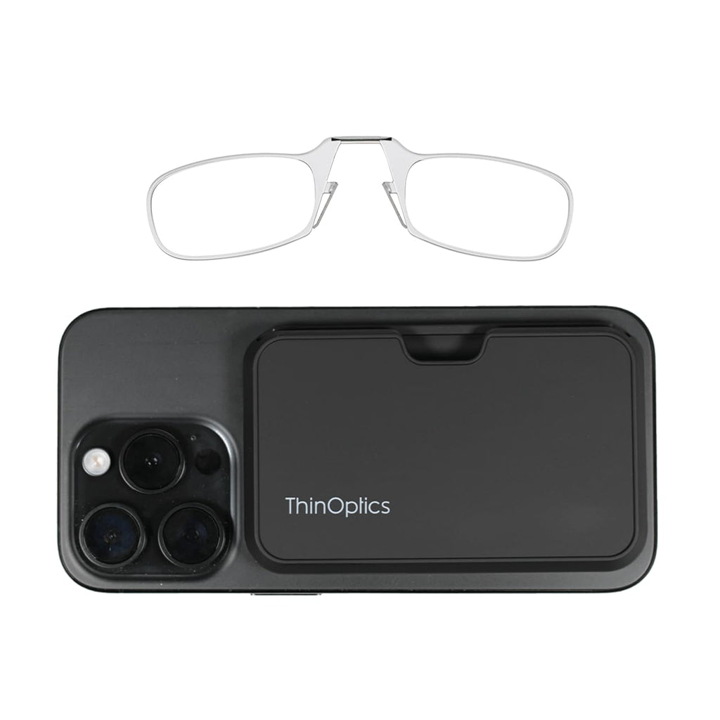 ThinOptics Readers with Magsafe Compatible Case - Armless On-Nose Reading Glasses - Slim Case Attaches to Phone - Clear 1.5x