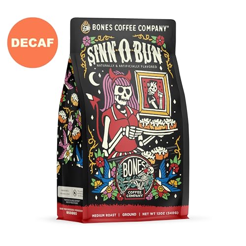 Bones Coffee Company Decaf Sinn 'O' Bun Flavored Coffee Beans, Medium Roast Ground Coffee Low Acid Decaffeinated, Cinnamon Roll Flavor (12 oz)