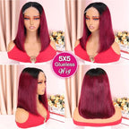 Ombre 99j Burgundy Closure Bob Wig Human Hair Wigs 1B 99j 5x5 Hd Lace Closure Wigs Human Hair For Black Women Straight Burgundy Human Hair Pre Plucked 200% Density Wig 99j Short Bob 12 Inch