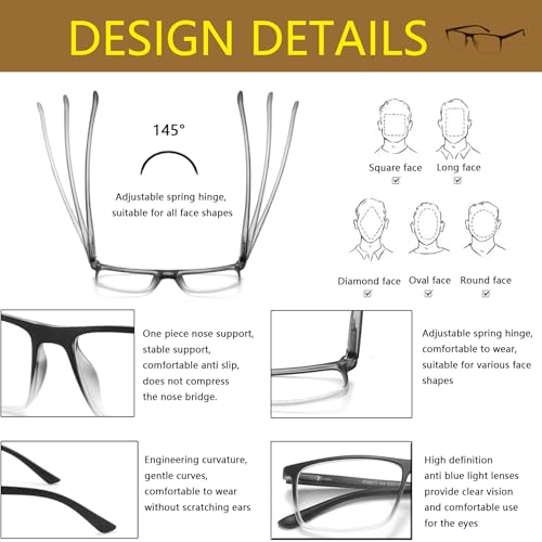 cyangander 4-Pack Mens Reading Glasses Computer Reading Fashionable Frame Blue Light Blocking,Full Frame Readers Anti UV/eye fatigue(+1.5x Magnification Strength)