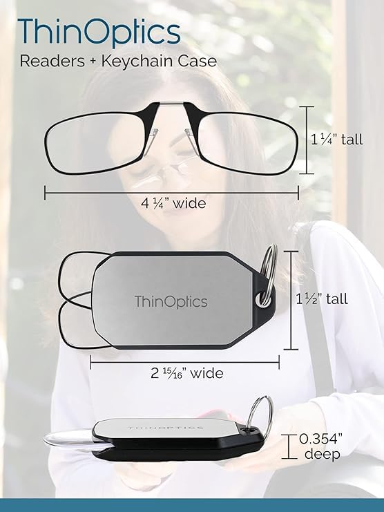 ThinOptics Keychain Case and Readers Rectangular Reading Glasses, Black, 44 mm + 1.5