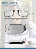 ThinOptics On- Nose Rectangular Portable & Convenient Readers for Men & Women, Thin & Durable Easily Attaches to Keychain, Backpack, Golf Bag, Blk Frames/Silver Case, 44 mm + 2.5